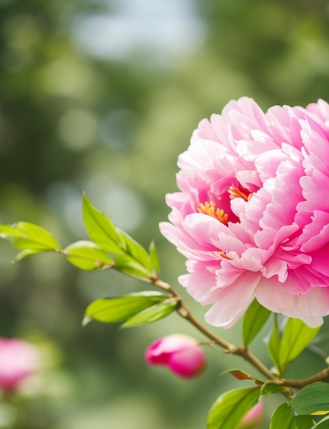 Selective focus shot of Peony flower attached to the branch at daytime