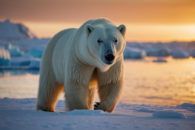 Selective focus shot of a polar bear at sunset in Antarctica