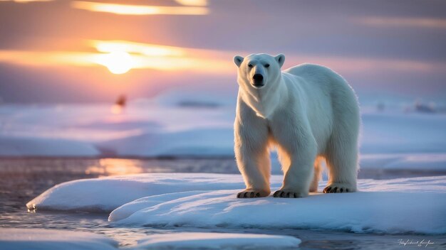 Selective focus shot of a polar bear at sunset