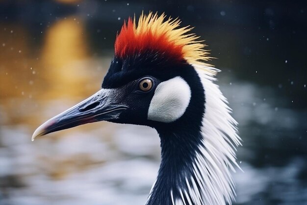 Selective focus shot of a red crowned crane bird face