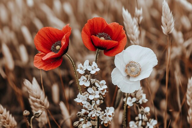 Photo selective focus shot of red and a white flower near each other