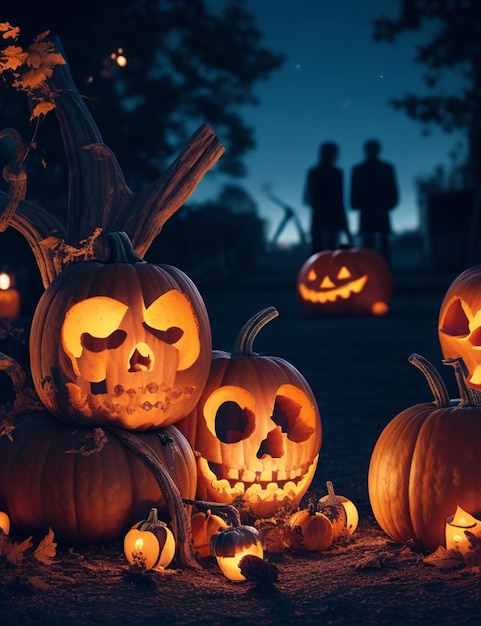 Selective focus shot of skeletons and pumpkins at night wallpaper