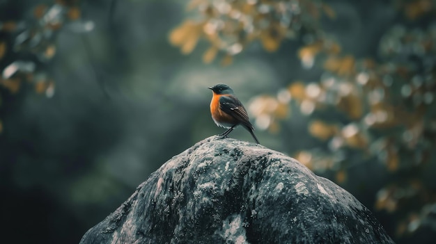Photo a selective focus shot of a small common redstart bird perched on a rock