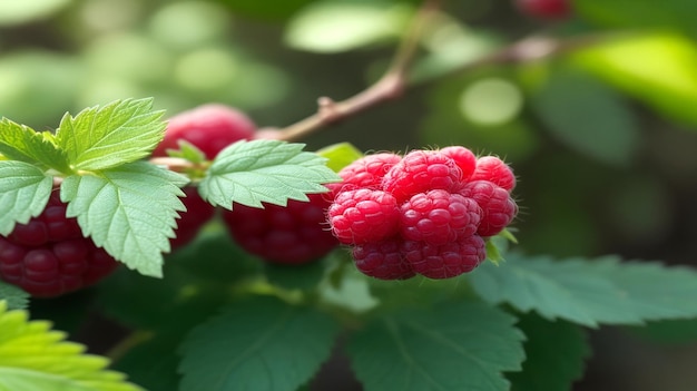 Selective focus shot of two raspberries on the bush