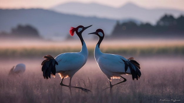 Photo selective focus shot of two red crowned cranes in a field at dawn in kushiro hokkaido