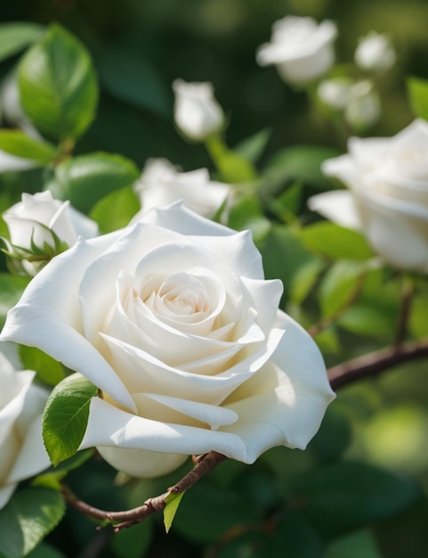 Selective focus shot of white roses flower attached to the branch at daytime