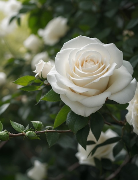 昼間に枝に付いた白いバラの花の選択焦点ショット