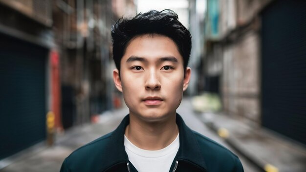 Selective focus shot of a young asian male in a blurry background