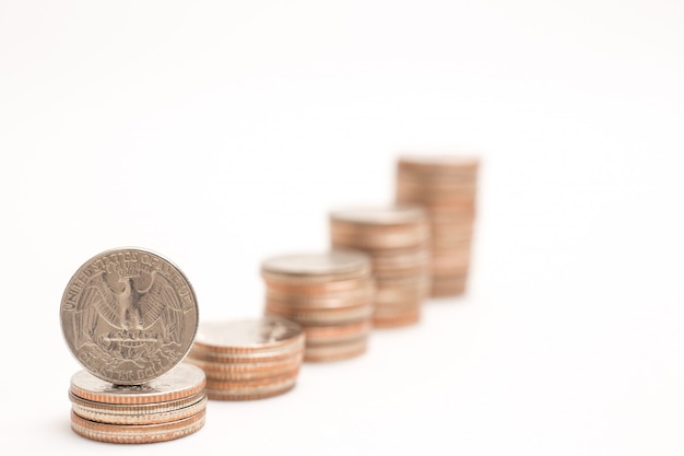 Selective focus of stack of US. dollar coins