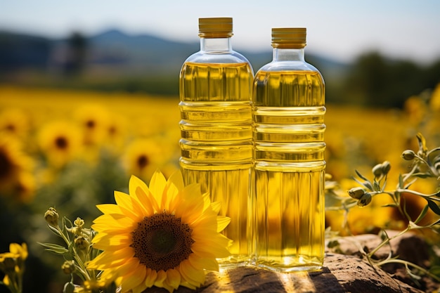 Selective focus on a sunflower oil bottle amidst a picturesque sunflower field