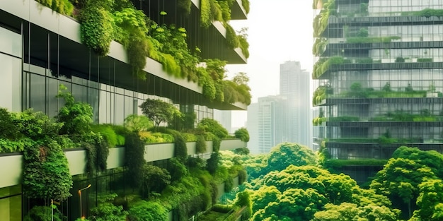 현대 도시에서 수직 정원을 가진 나무와 친환경 건물에 선택적으로 초점을 맞추고 있습니다.
