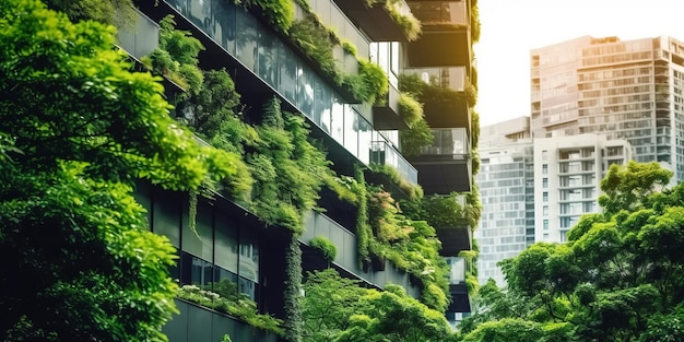 Selective focus on tree and eco friendly building with vertical garden in modern city