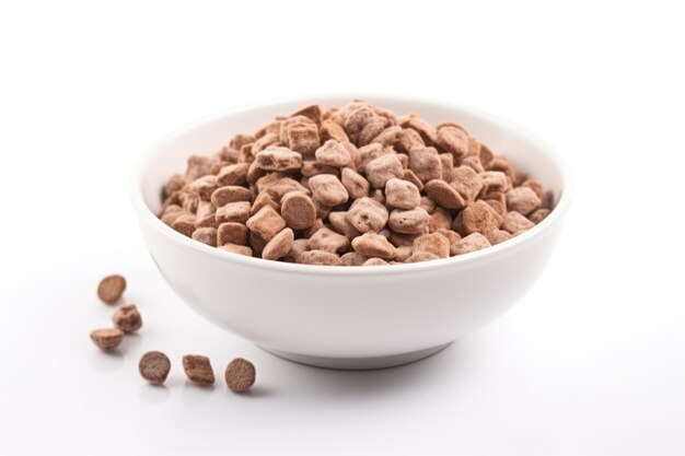 Photo selective focus on white background isolated chocolatte cereal