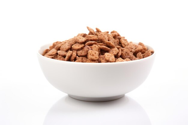 Photo selective focus on white background isolated chocolatte cereal