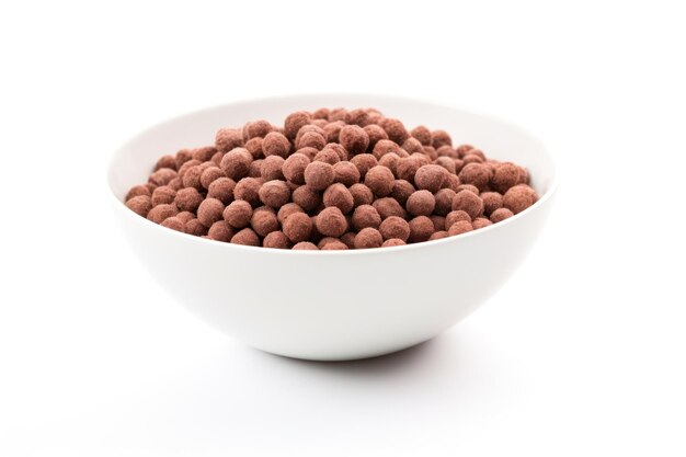 Photo selective focus on white background isolated chocolatte cereal