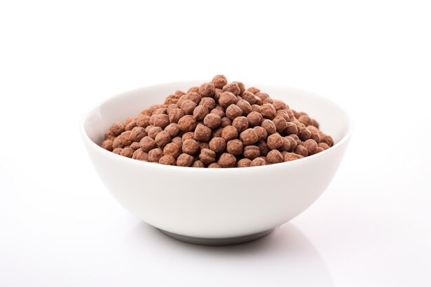 Photo selective focus on white background isolated chocolatte cereal