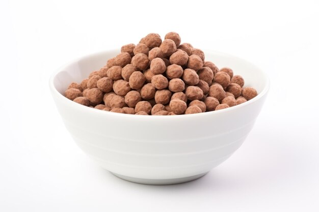 Photo selective focus on white background isolated chocolatte cereal