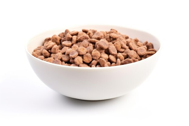 Photo selective focus on white background isolated chocolatte cereal