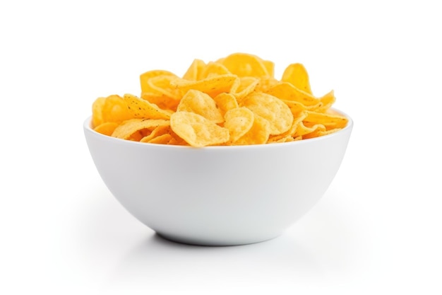 Photo selective focus on white background isolated corn flakes