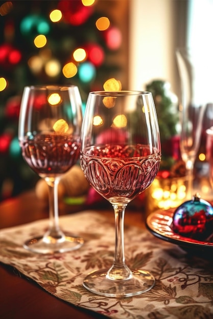 Selective focus on wine glasses and festive table setting created with generative ai