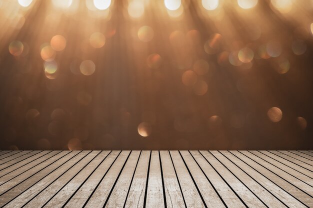 Selective focus of wooden table in front of decorative indoor string lights. 