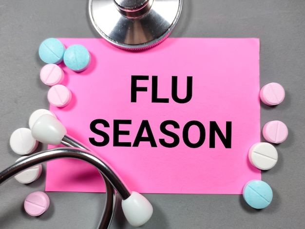 Избирательный фокусWord FLU SEASON со стетоскопом на сером фонеМедицинская концепция