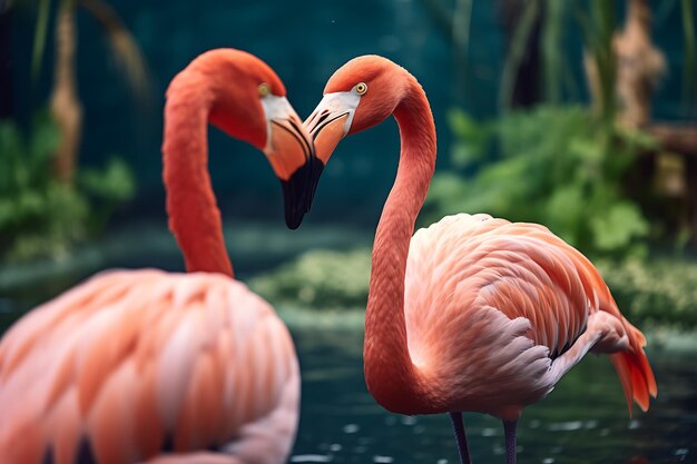 Selective of pink flamingos in greenery