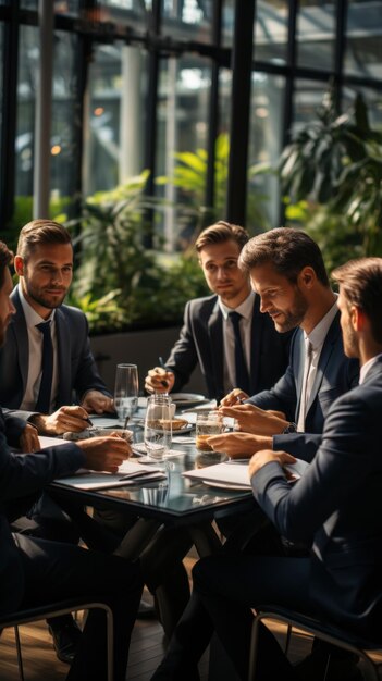 Photo selective veritcal focus of multicultural businesspeople sitting at table during meeting in office