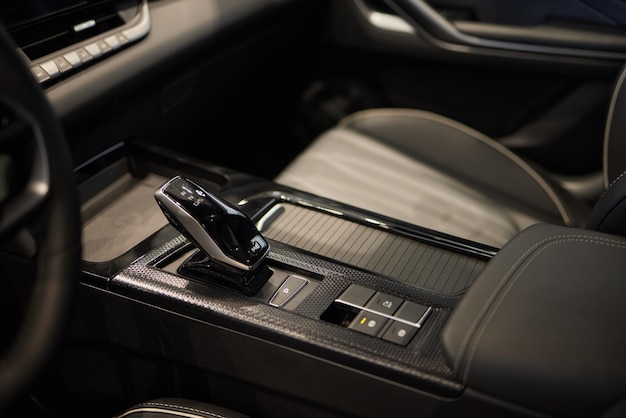 Selector automatic transmission with leather in the interior of a modern expensive car the