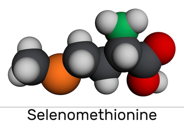 Selenomethionine molecule Molecular model 3D rendering Illustration