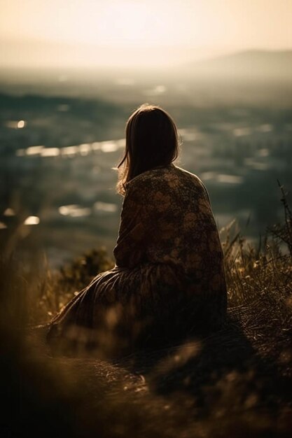 Photo self care concept woman from behind sitting on top of a hill breathing fresh air outdoors