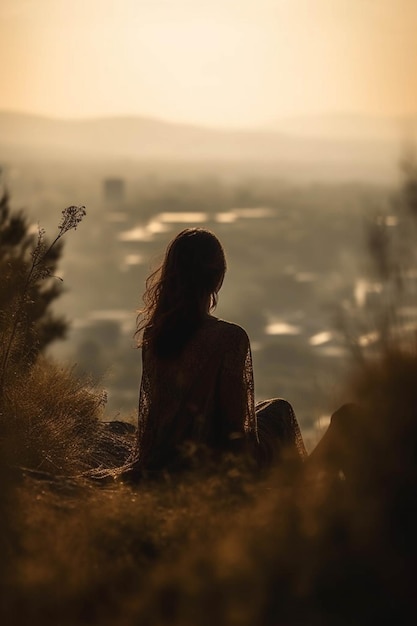 Photo self care concept woman from behind sitting on top of a hill breathing fresh air outdoors