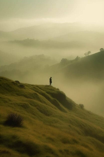 Photo self care concept woman silhouette on top of a foggy hill soft focus