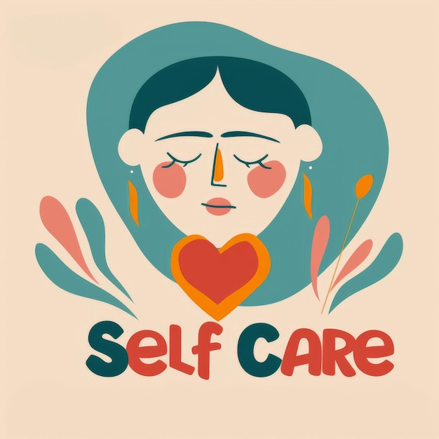 Photo self care illustration with heart and womans face