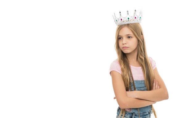 Self confidence Leadership concept Girls wear crowns Spoiled children concept Egocentric princess Kids wear golden crowns symbol princess Every girl dreaming become princess Little princess