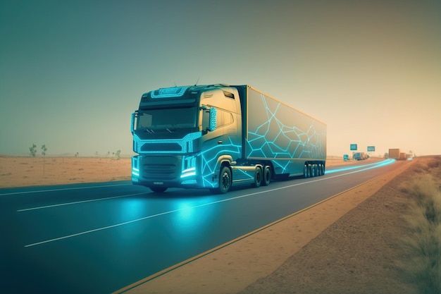 Self driving futuristic freight truck deliver goods to warehouse on city highway