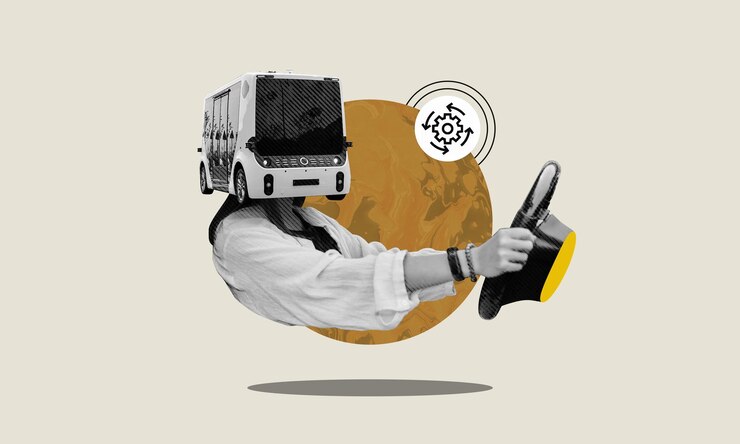 Photo self driving vehicle concept person with bus replacing the head driving and steering a car