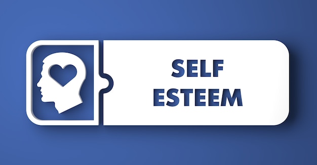 Self Esteem Concept. White Button on Blue Background in Flat Design Style.