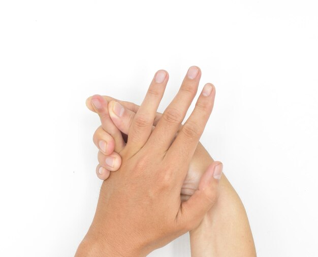 Self hand massage by asian young man Fingers and hand joint health