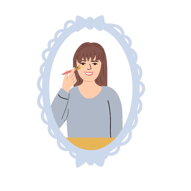 self love and care concept with woman applying makeup in decorative mirror frame