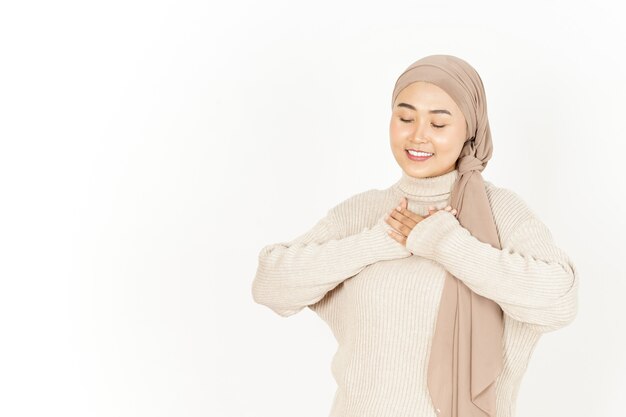 Self Love Gesture of Beautiful Asian Woman Wearing Hijab Isolated On White Background