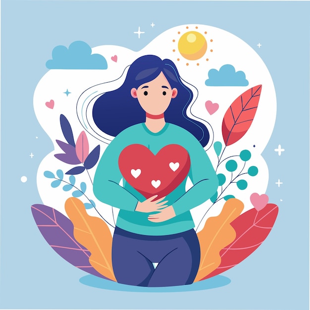Photo self love with heart hug as mental healthcare and esteem tiny person concept holding yourself and be proud about body inner peace and acceptance vector illustration