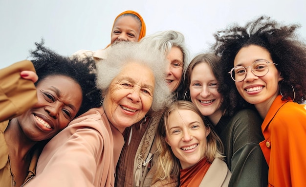 Self portrait of joyful mixed age multiethnic women celebrating International Womens Day with diversity beauty and natural woman