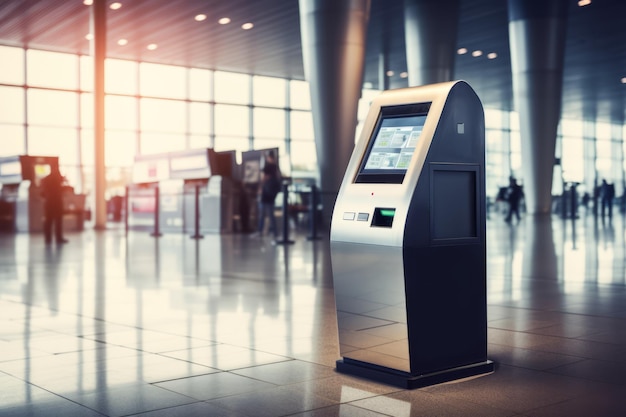 Машина самообслуживания и киоск справки в терминале аэропорта для регистрации, печати посадочной карты или покупки билета Концепции деловых и туристических поездок
