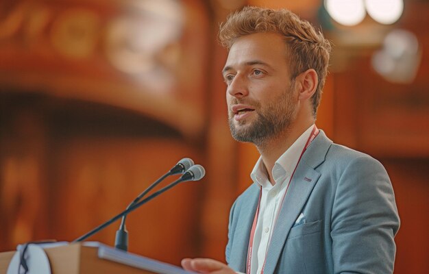 A selfassured businessman speaks to the audience during a conference holding their attention