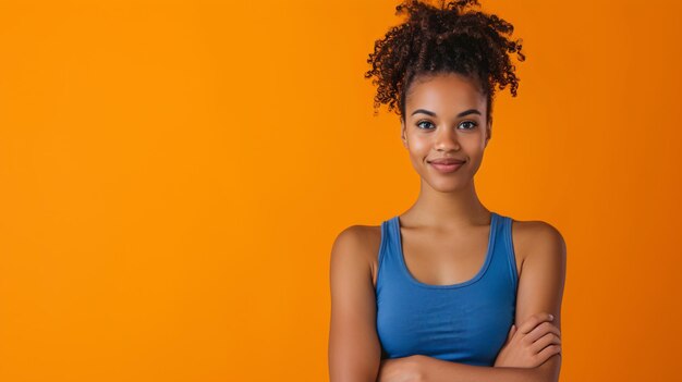 A selfassured stunning woman dressed in a vibrant blue singlet stands tall with her arms crossed against a captivating backdrop of orange Her confident demeanor exudes charisma Ideal f