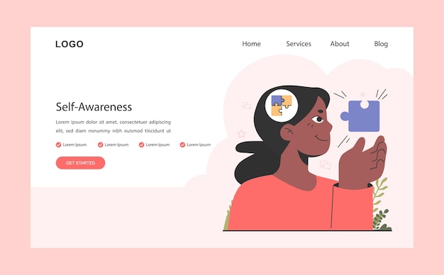 Selfawareness web banner or landing page Mindfulness and balance EQ development Deep understanding of emotions and empathy Selfregulation and meditation Flat vector illustration