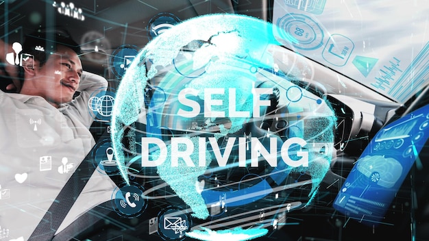 Selfdrive autonome auto met man op de bestuurdersstoel conceptueel