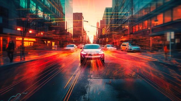 Selfdriving cars effortlessly gliding through busy streets under a vivid urban sunset