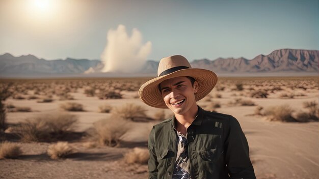 Photo selfie against the background of a nuclear explosion in the desert